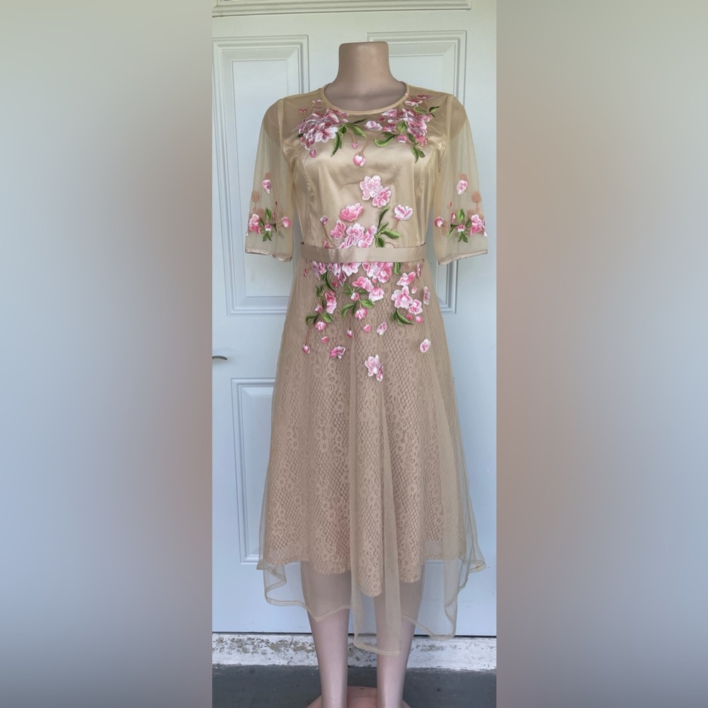 Vicky and Lucas Elegant Floral Embroidered Midi Dress